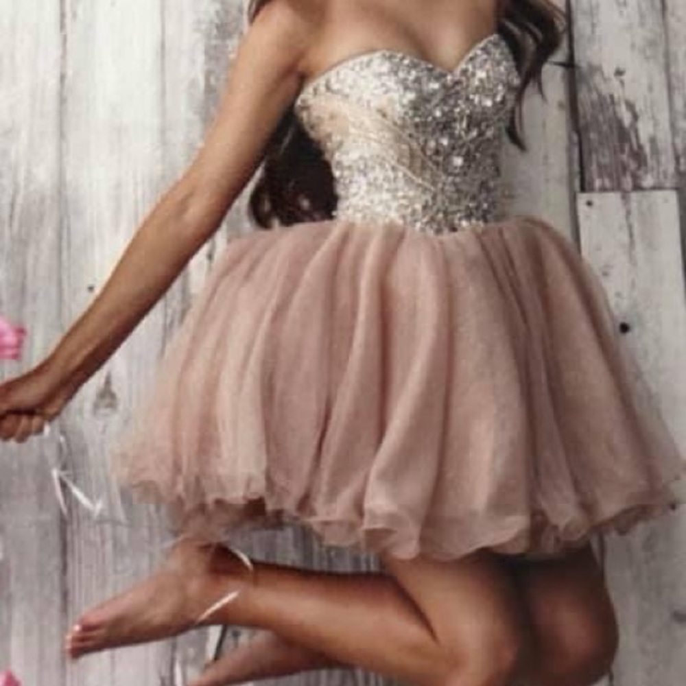 Strapless nude  prom jewel dress